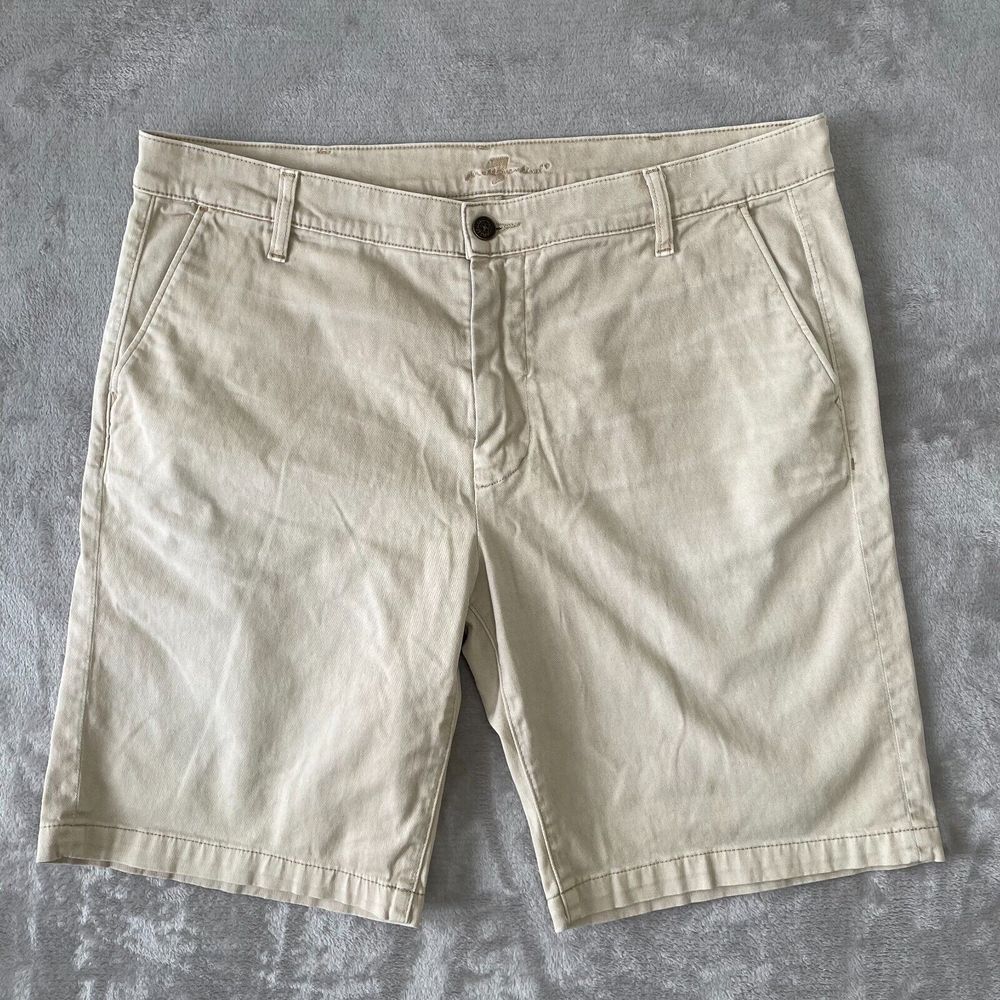 7 For All Mankind Twill Chino Shorts Men 38 Beige Zip Fly Designer Log Casual